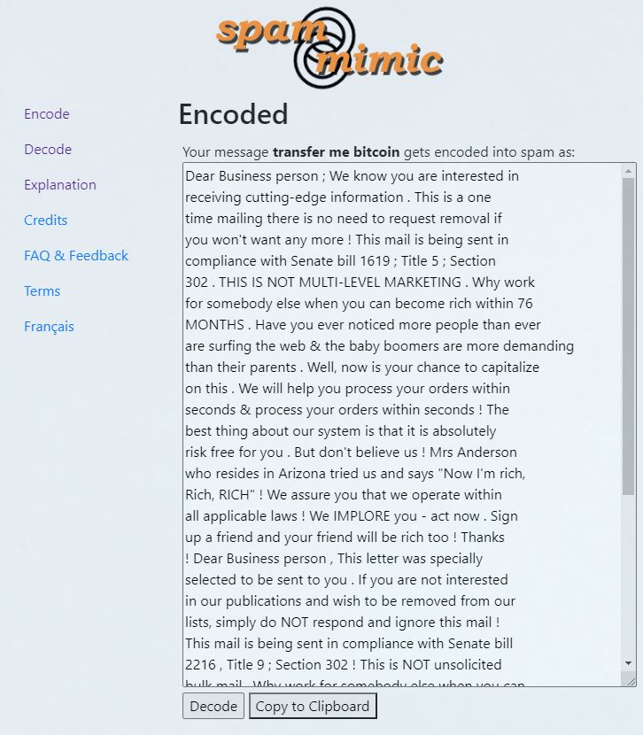 encoded message in spam